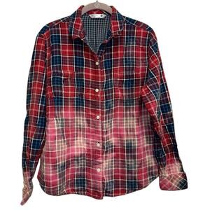 Riders by Lee Red Plaid Flannel Button Down Shirt XL Grunge Cozy Bleached